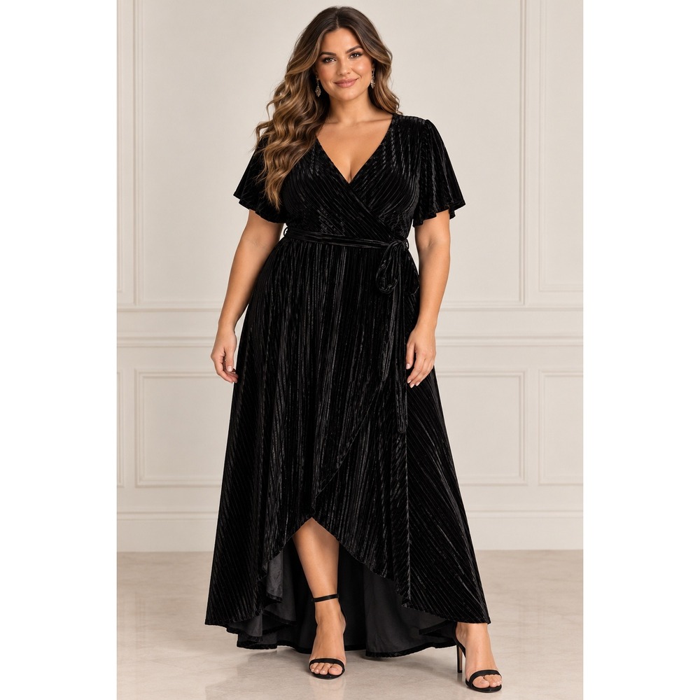Baltic Born Andi Velvet Wrap Maxi Dress XXL Black Ribbed Flutter Sleeve NWT